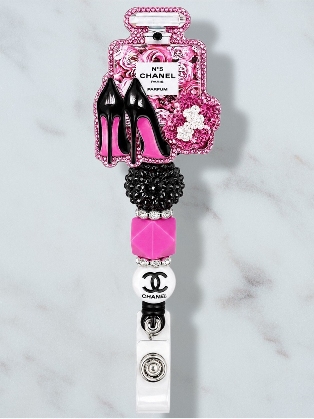 Fashion CC High Heels & Perfume Bottle Floral Badge Reel